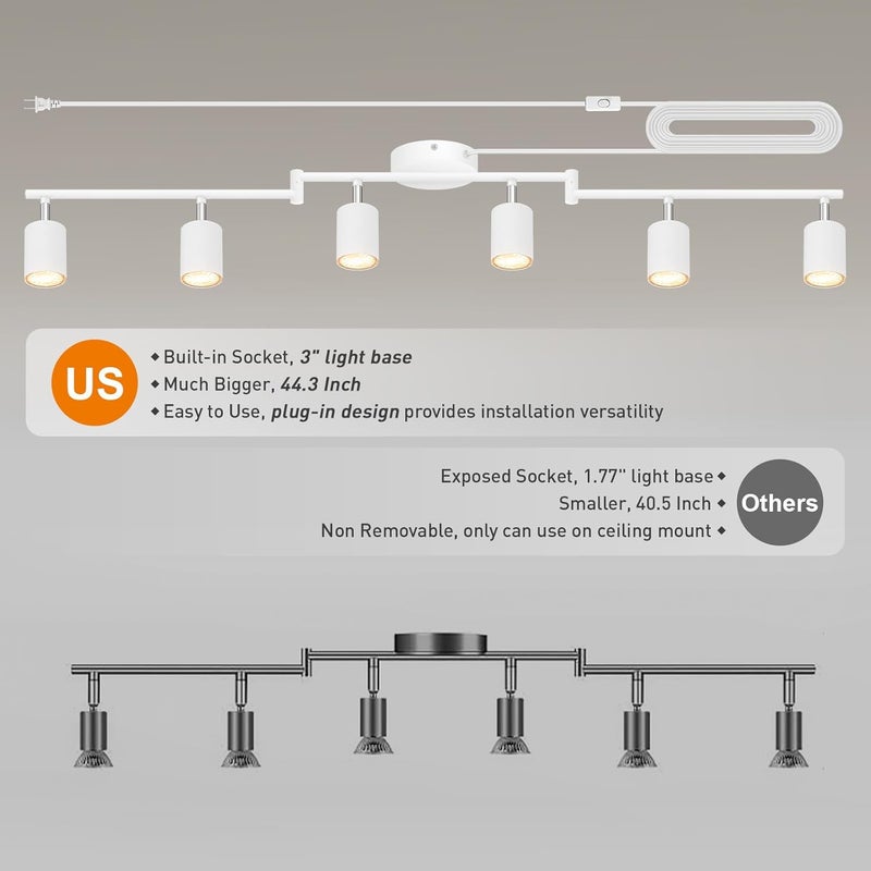 AUQUEE Track Lighting Plug in, LED Track Lighting Fixtures Ceiling Kit, White 6-Light Ceiling Light Plug-in, Wall Light with 14.8ft Power Cord, Rotatable Kitchen Spotlight for Bedroom(GU10 Socket, NO Bulb) - Image 2